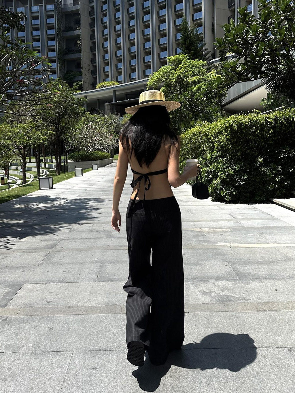 rovente Professional Office Natural Waist Black Pinstripe Polyester Long Wide Leg Pants