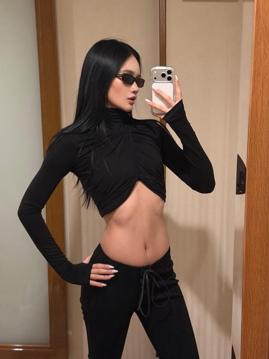 rovente Stretch Slim Fit High Neck Pleated Asymmetric Women Black Long Sleeve Cop Tops