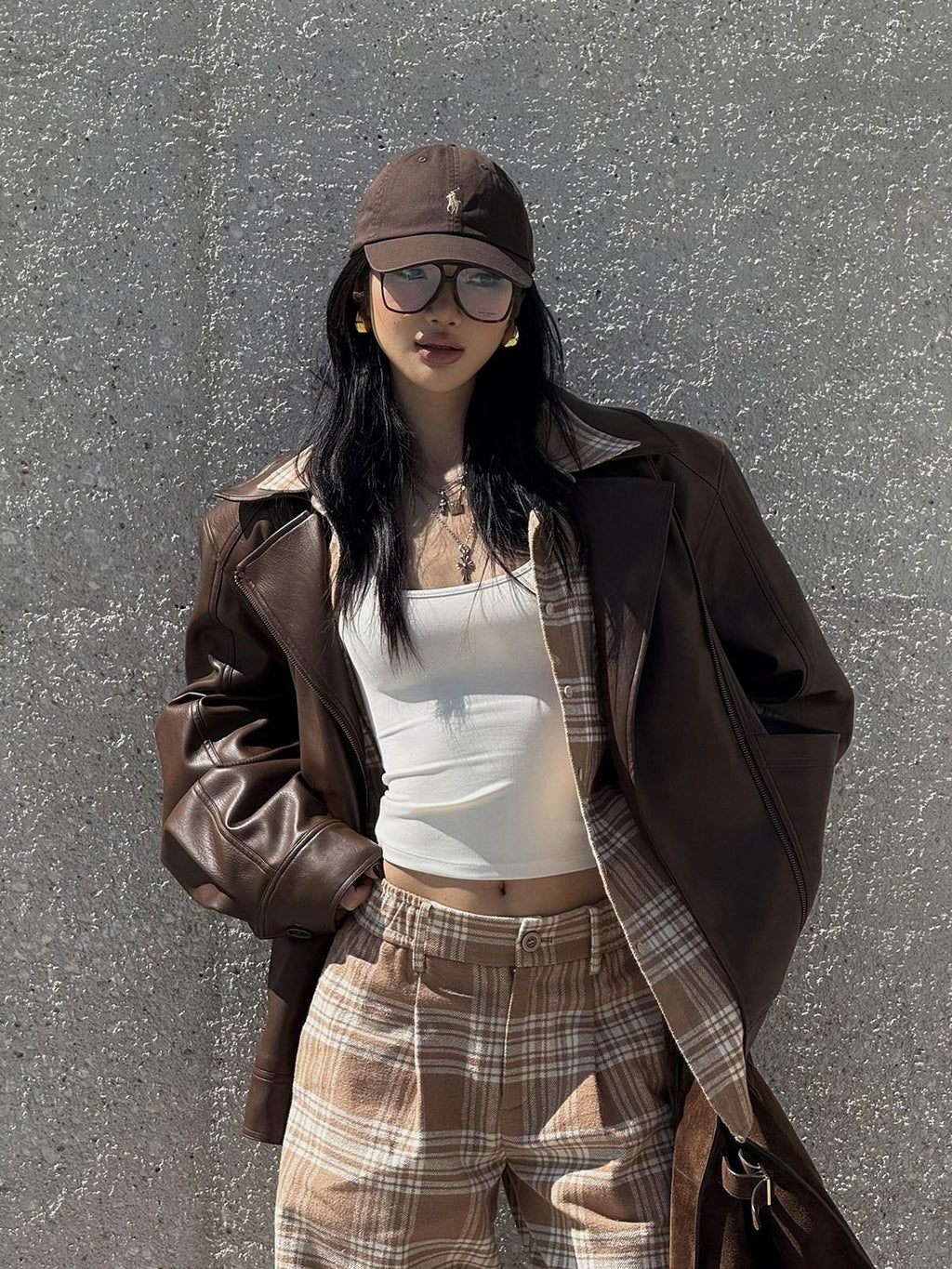 rovente 100% Cotton Plaid Casual Relaxed Zipper Natural Waist Women Wide Leg Pants